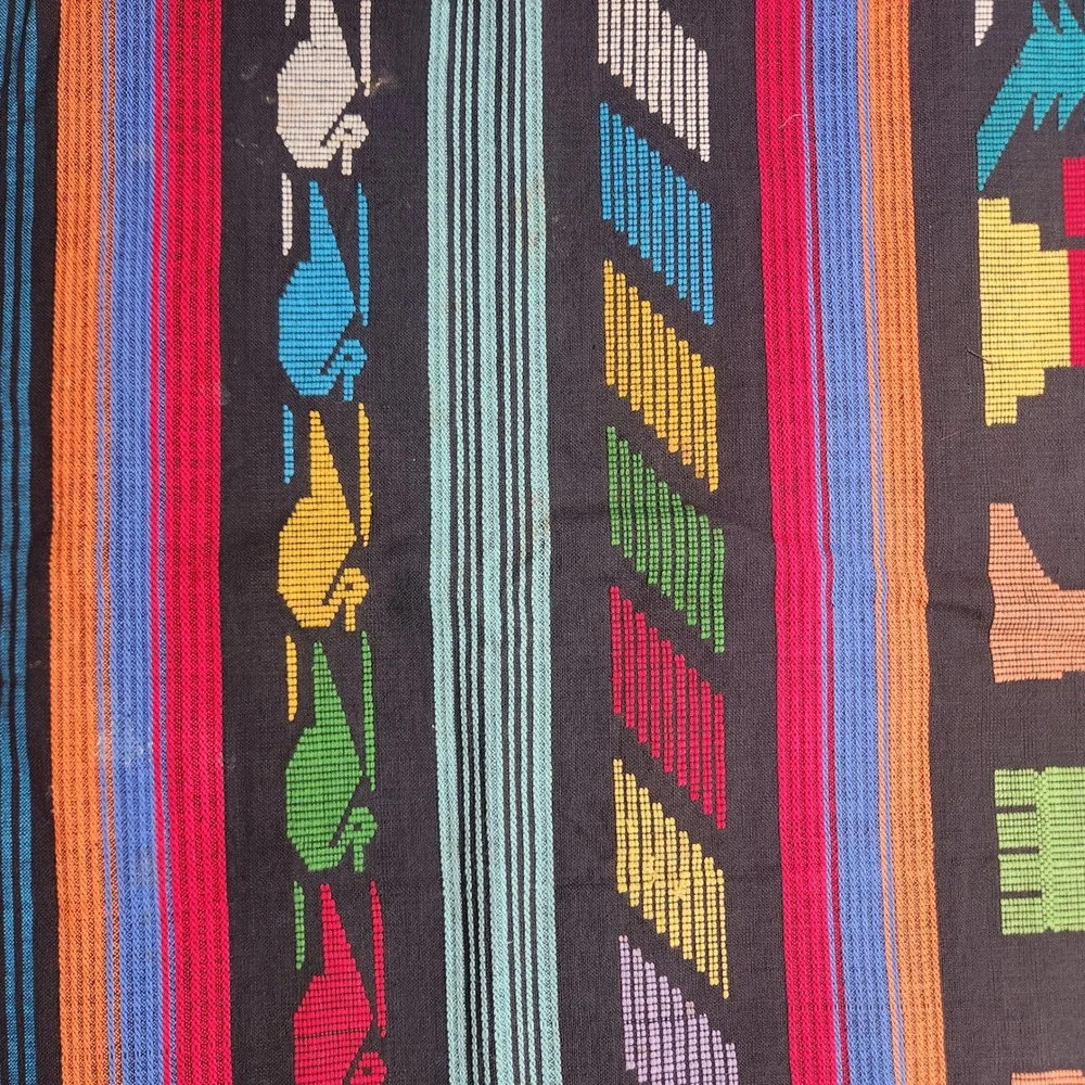Vintage Guatemalan Mayan Handwoven Textile Wall Hanging Warrior Bird Black 68x32